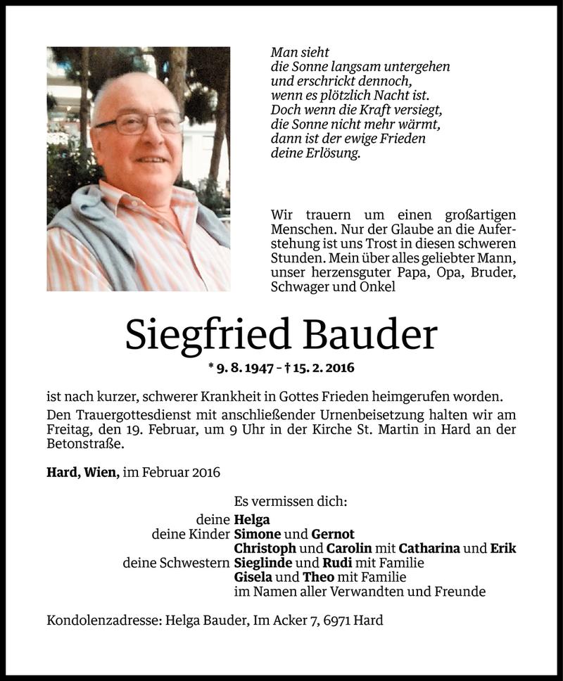  Todesanzeige für Siegfried Bauder vom 16.02.2016 aus Vorarlberger Nachrichten