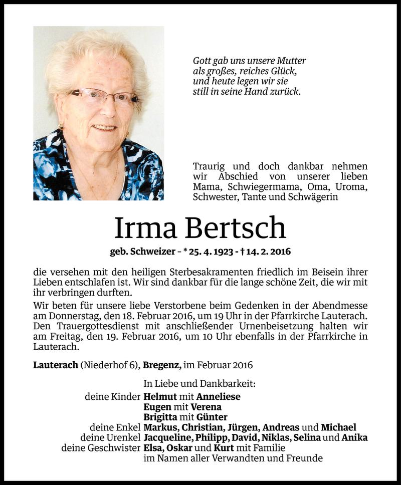  Todesanzeige für Irma Bertsch vom 16.02.2016 aus Vorarlberger Nachrichten