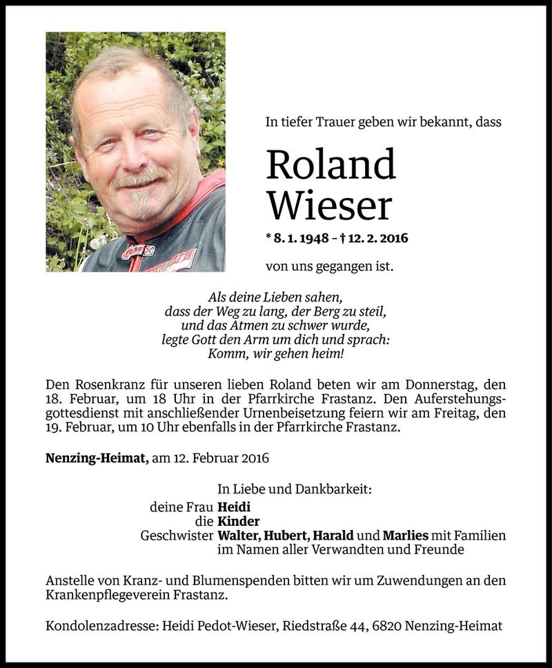  Todesanzeige für Roland Wieser vom 16.02.2016 aus Vorarlberger Nachrichten