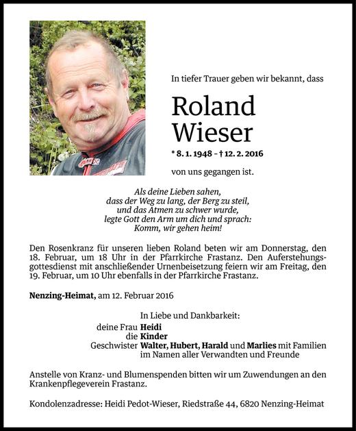 Todesanzeige von Roland Wieser von Vorarlberger Nachrichten