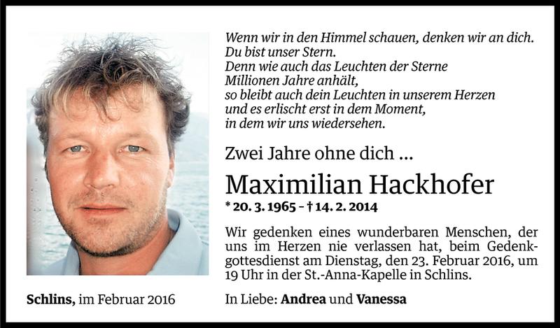  Todesanzeige für Maximilian Hackhofer vom 16.02.2016 aus Vorarlberger Nachrichten