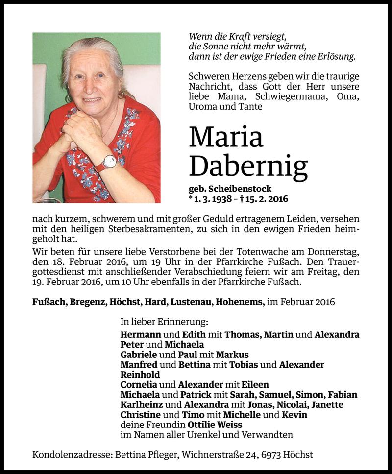  Todesanzeige für Maria Dabernig vom 16.02.2016 aus Vorarlberger Nachrichten