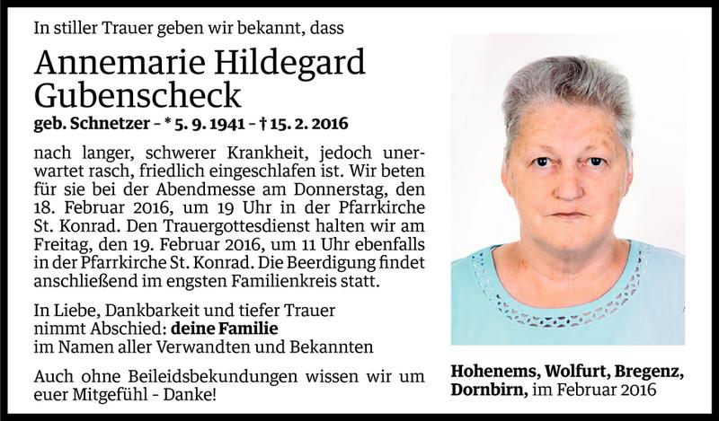  Todesanzeige für Annemarie Hildegard Gubenscheck vom 16.02.2016 aus Vorarlberger Nachrichten