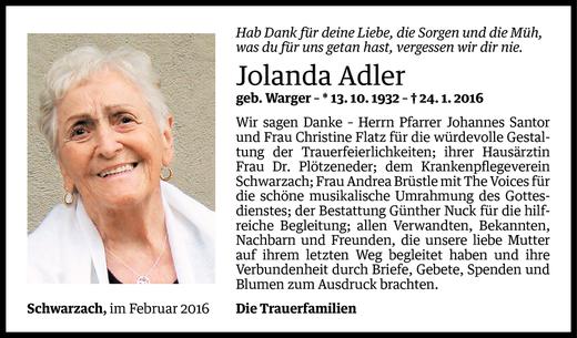 Todesanzeige von Jolanda Adler von Vorarlberger Nachrichten