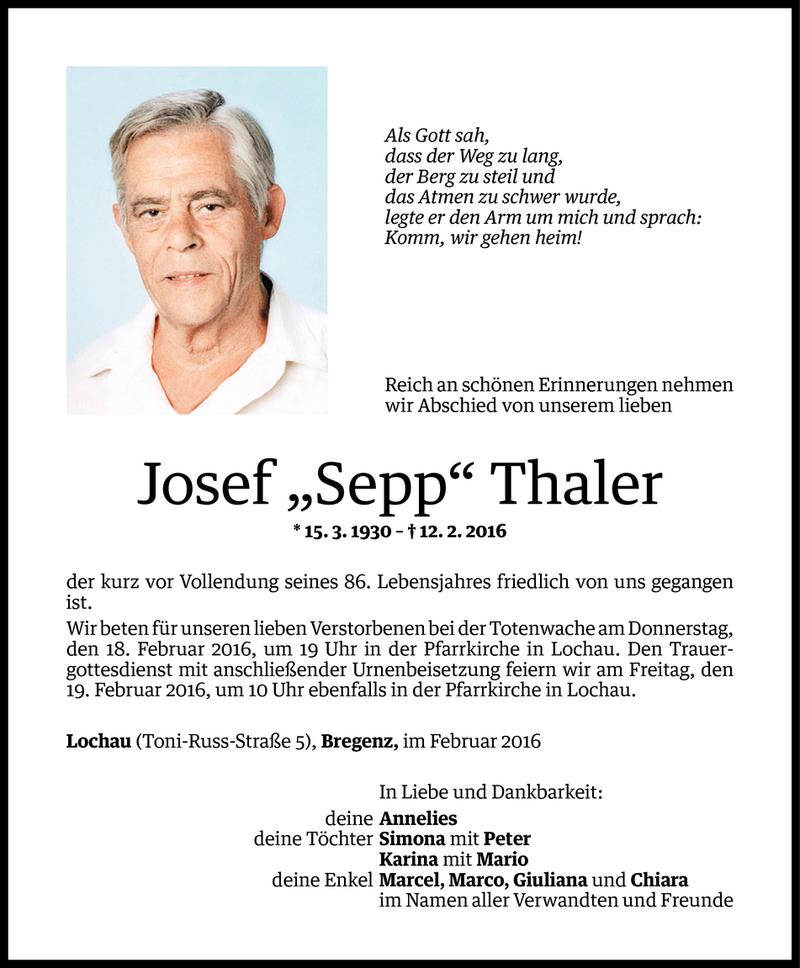  Todesanzeige für Josef Thaler vom 16.02.2016 aus Vorarlberger Nachrichten