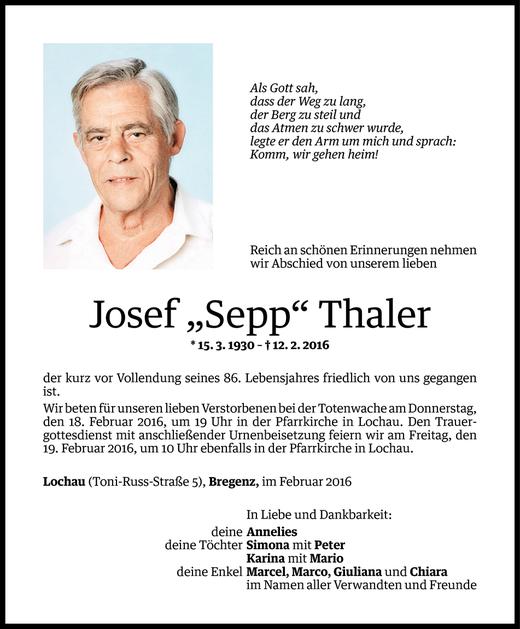 Todesanzeige von Josef Thaler von Vorarlberger Nachrichten