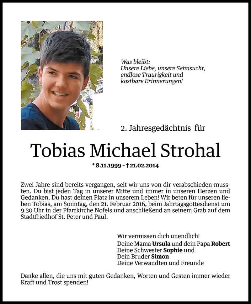  Todesanzeige für Tobias Michael Strohal vom 16.02.2016 aus Vorarlberger Nachrichten