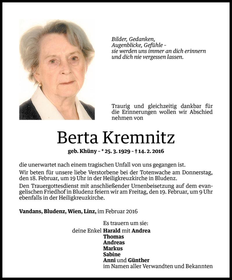  Todesanzeige für Berta Kremnitz vom 18.02.2016 aus Vorarlberger Nachrichten