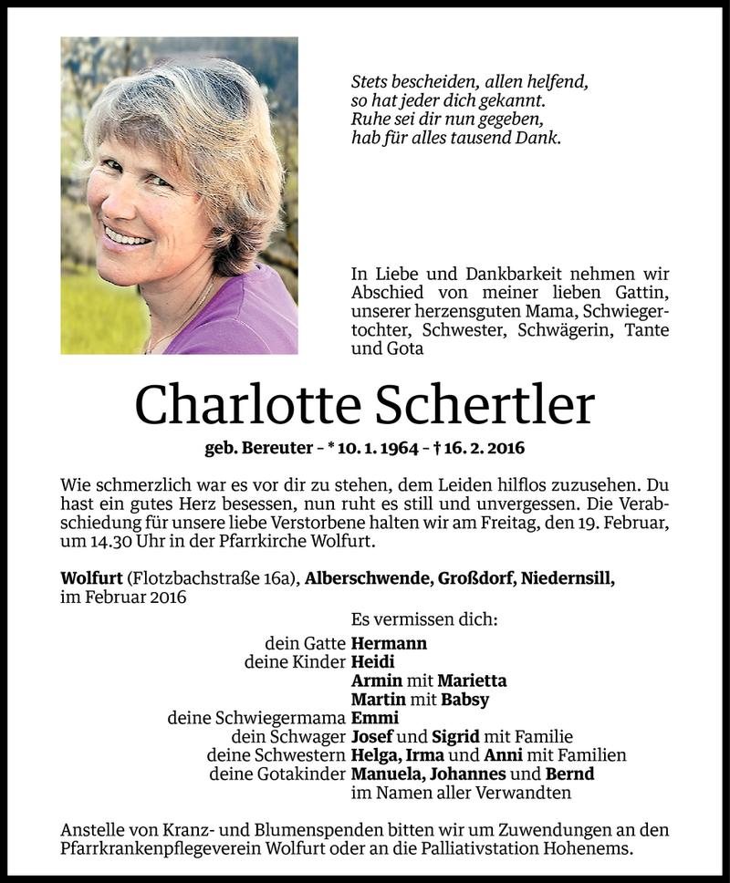  Todesanzeige für Charlotte Schertler vom 17.02.2016 aus Vorarlberger Nachrichten