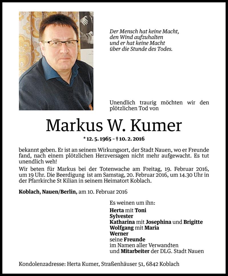  Todesanzeige für Markus Kumer vom 17.02.2016 aus Vorarlberger Nachrichten