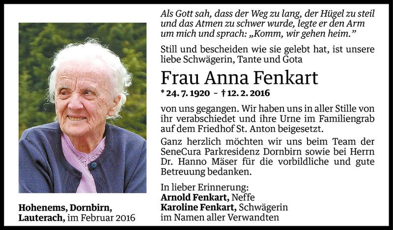  Todesanzeige für Anna Fenkart vom 19.02.2016 aus Vorarlberger Nachrichten