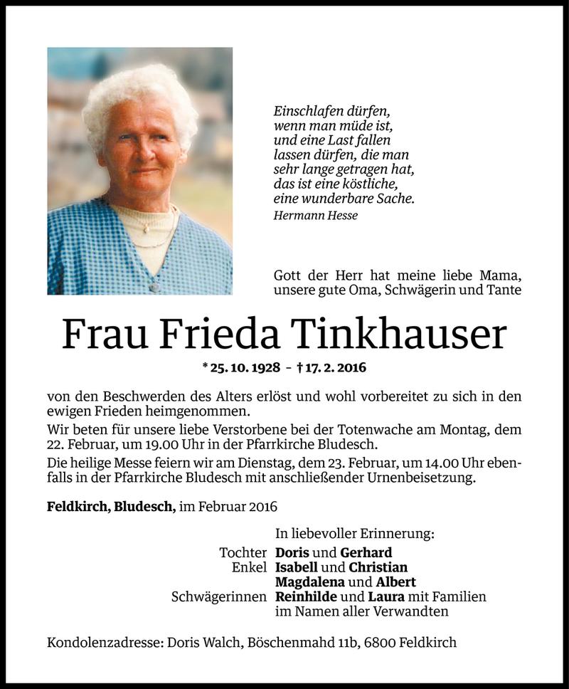  Todesanzeige für Frieda Tinkhauser vom 20.02.2016 aus Vorarlberger Nachrichten