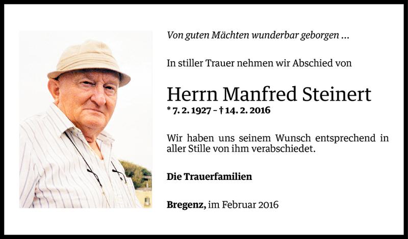  Todesanzeige für Manfred Steinert vom 20.02.2016 aus Vorarlberger Nachrichten