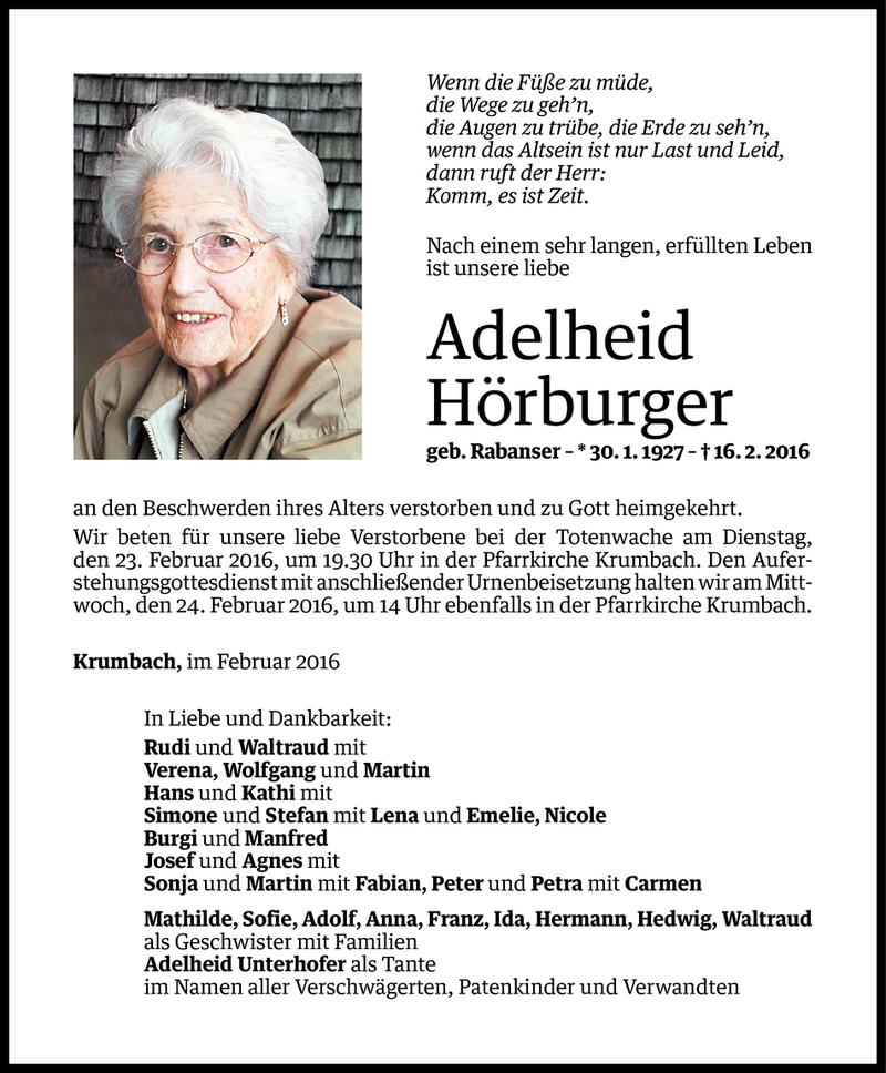  Todesanzeige für Adelheid Hörburger vom 21.02.2016 aus Vorarlberger Nachrichten