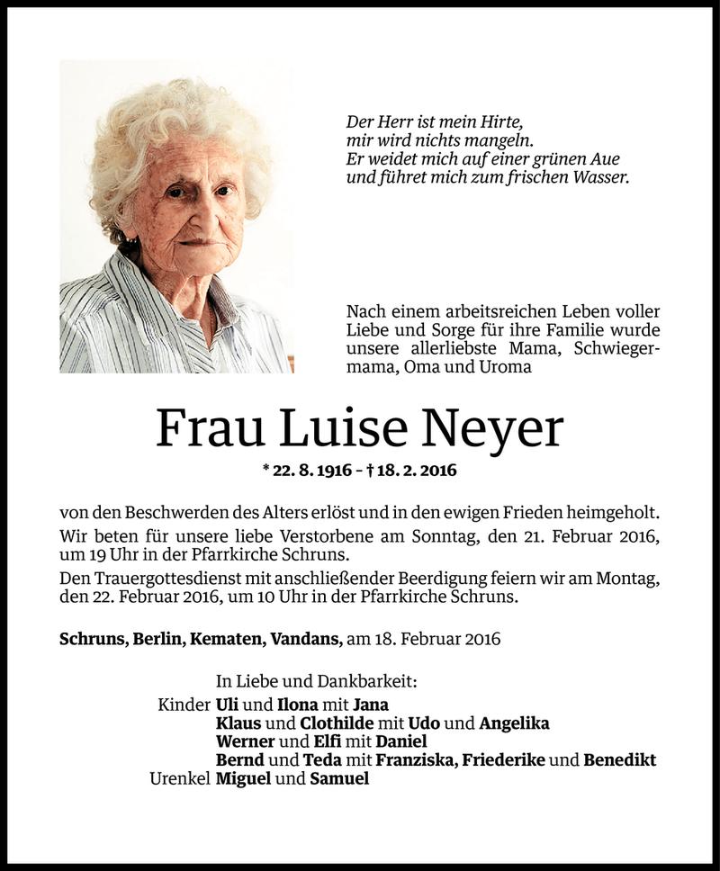  Todesanzeige für Luise Neyer vom 19.02.2016 aus Vorarlberger Nachrichten