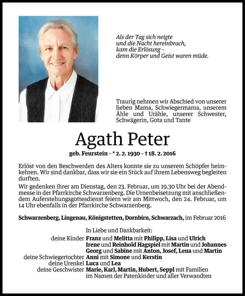  Todesanzeige für Agath Peter vom 21.02.2016 aus Vorarlberger Nachrichten