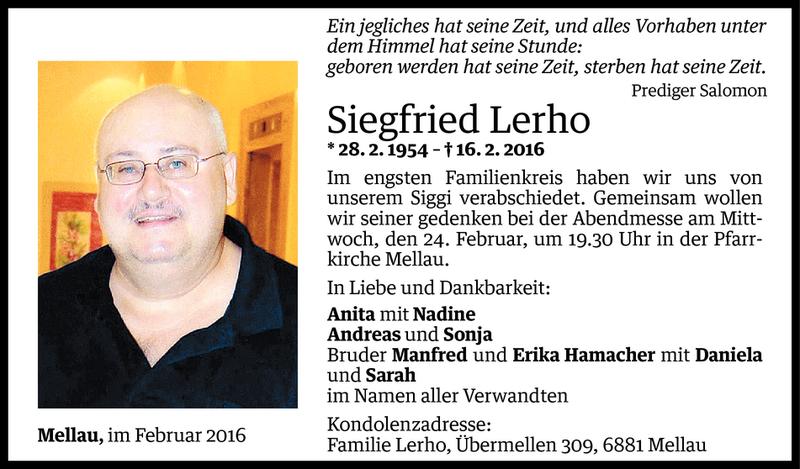  Todesanzeige für Siegfried Lerho vom 22.02.2016 aus Vorarlberger Nachrichten