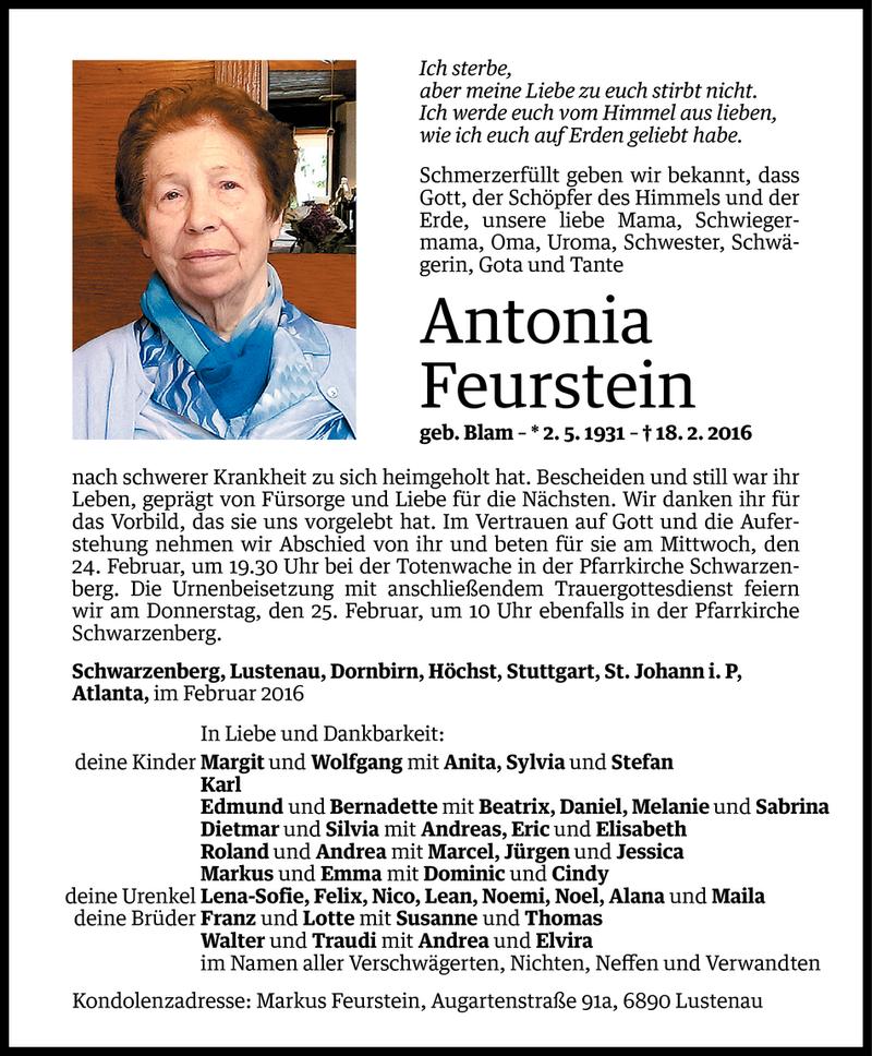  Todesanzeige für Antonia Feurstein vom 22.02.2016 aus Vorarlberger Nachrichten