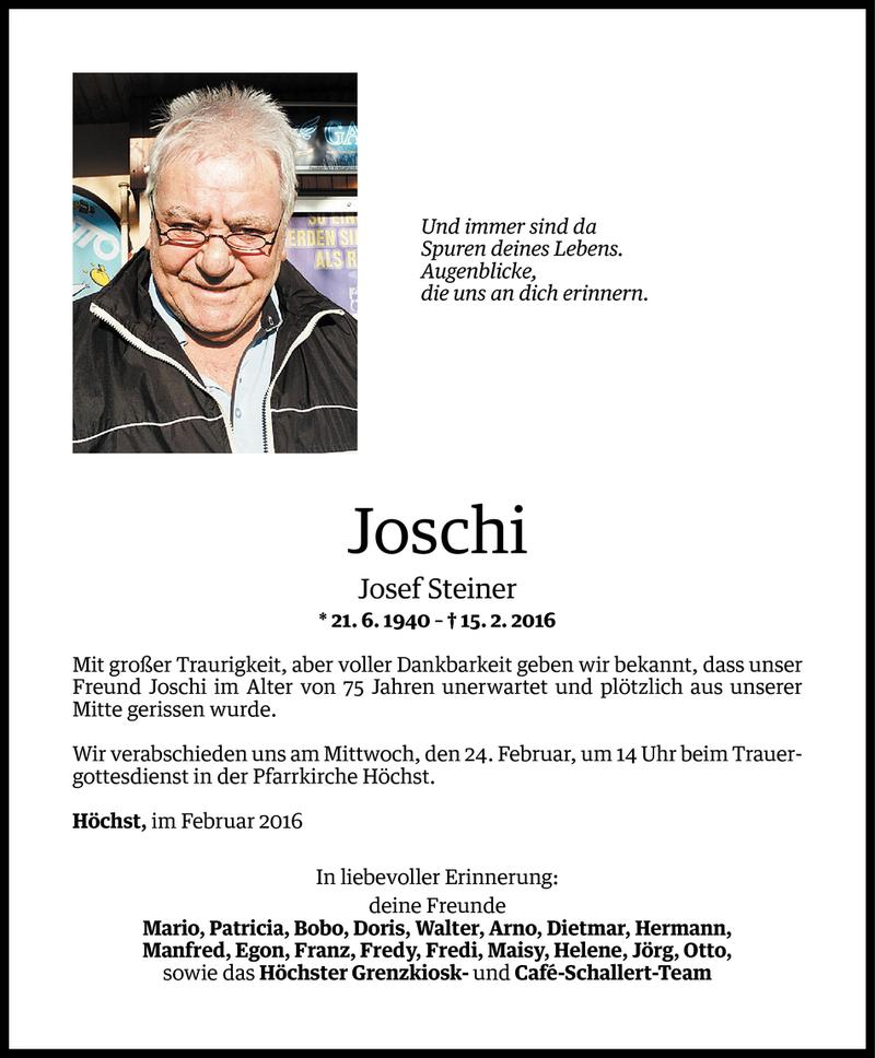  Todesanzeige für Josef Steiner vom 22.02.2016 aus Vorarlberger Nachrichten