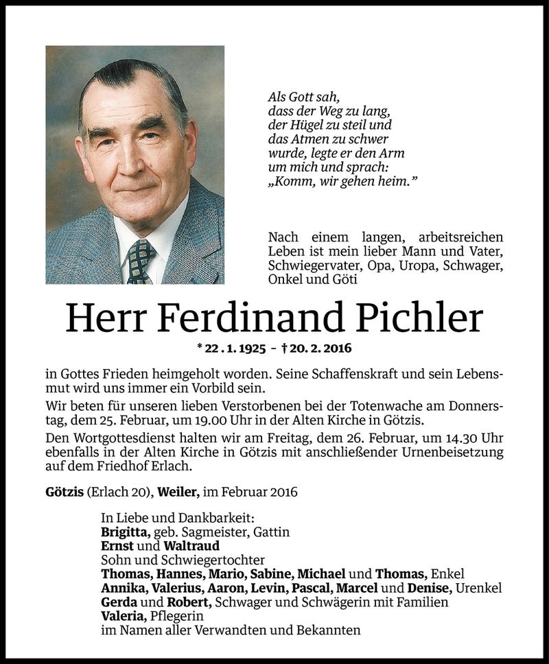  Todesanzeige für Ferdinand Pichler vom 23.02.2016 aus Vorarlberger Nachrichten