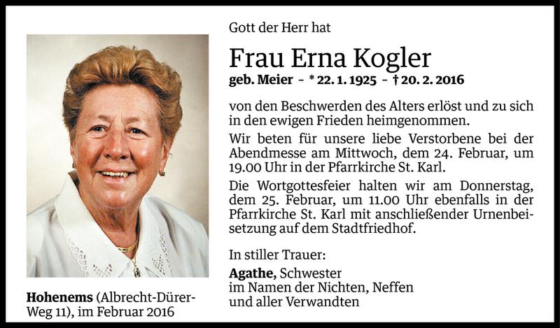  Todesanzeige für Erna Kogler vom 23.02.2016 aus Vorarlberger Nachrichten