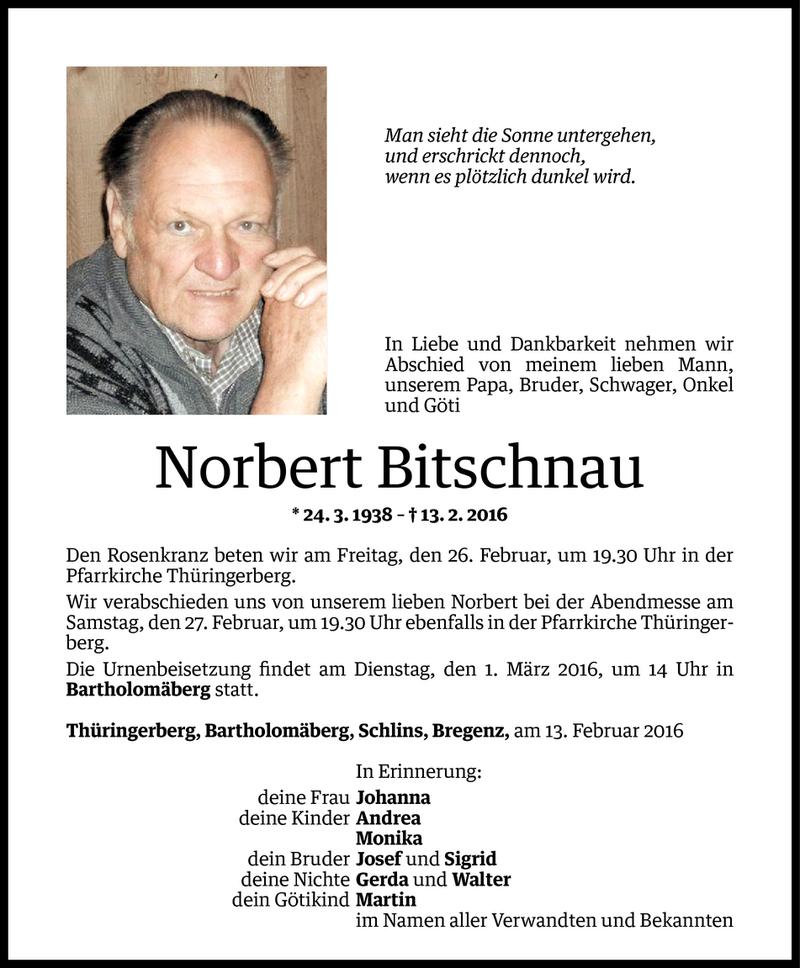  Todesanzeige für Norbert Bitschnau vom 23.02.2016 aus Vorarlberger Nachrichten