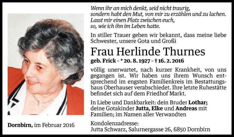  Todesanzeige für Herlinde Thurnes vom 27.02.2016 aus Vorarlberger Nachrichten