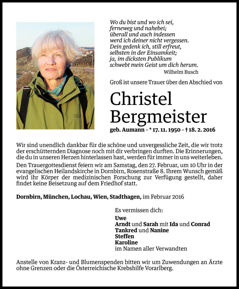  Todesanzeige für Christel Bergmeister vom 23.02.2016 aus Vorarlberger Nachrichten