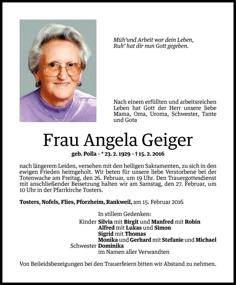 Todesanzeigen von Angela Geiger | Todesanzeigen Vorarlberger Nachrichten