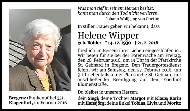  Todesanzeige für Helene Wipper vom 24.02.2016 aus Vorarlberger Nachrichten