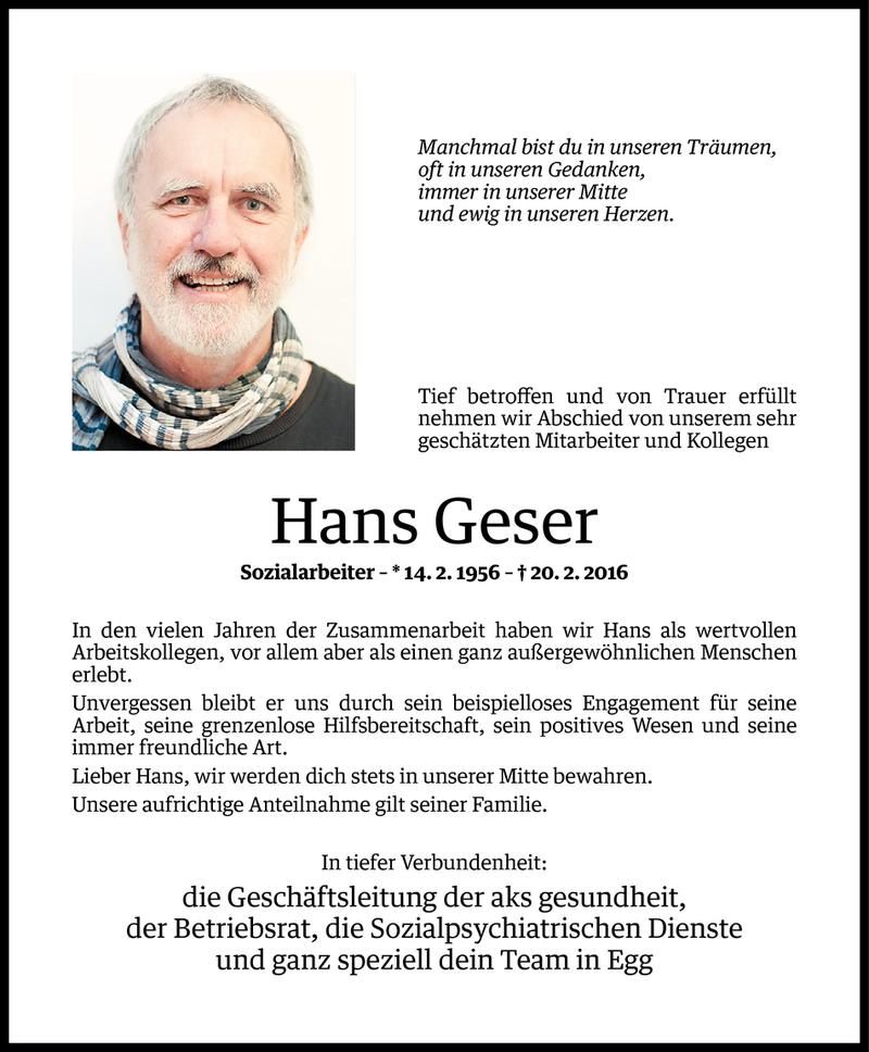  Todesanzeige für Hans Geser vom 23.02.2016 aus Vorarlberger Nachrichten