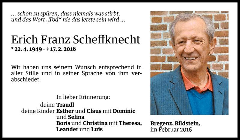  Todesanzeige für Erich Franz Scheffknecht vom 27.02.2016 aus Vorarlberger Nachrichten