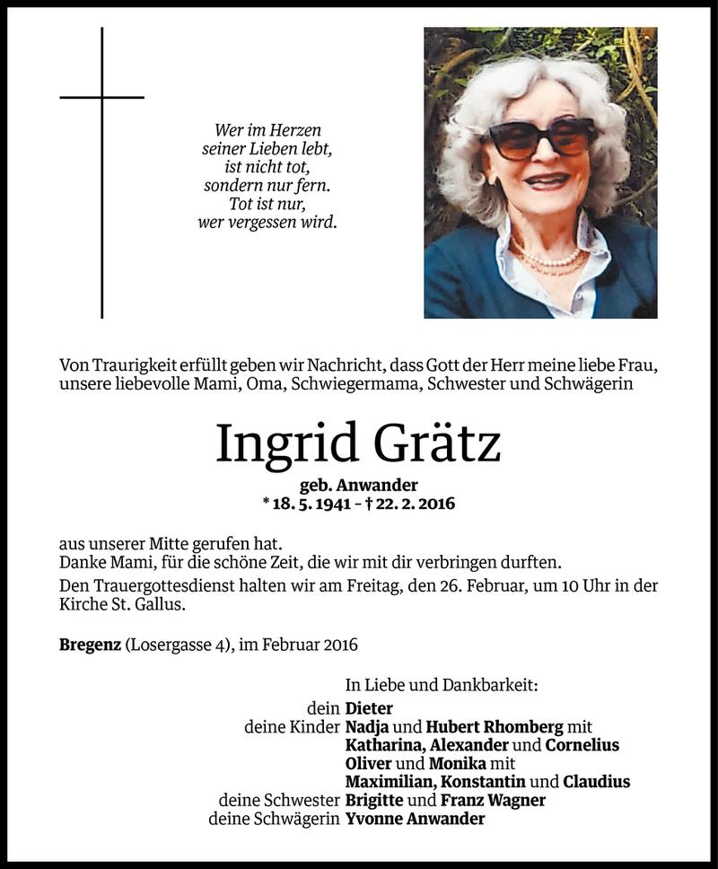  Todesanzeige für Ingrid Grätz vom 23.02.2016 aus Vorarlberger Nachrichten