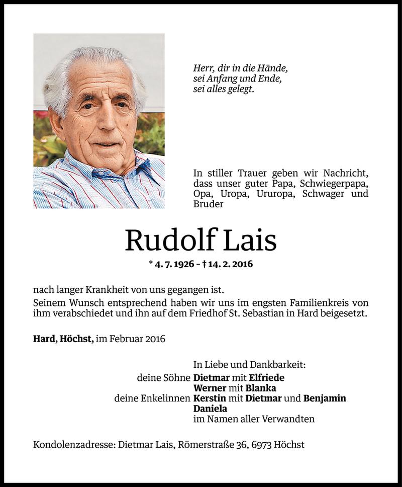  Todesanzeige für Rudolf Lais vom 23.02.2016 aus Vorarlberger Nachrichten