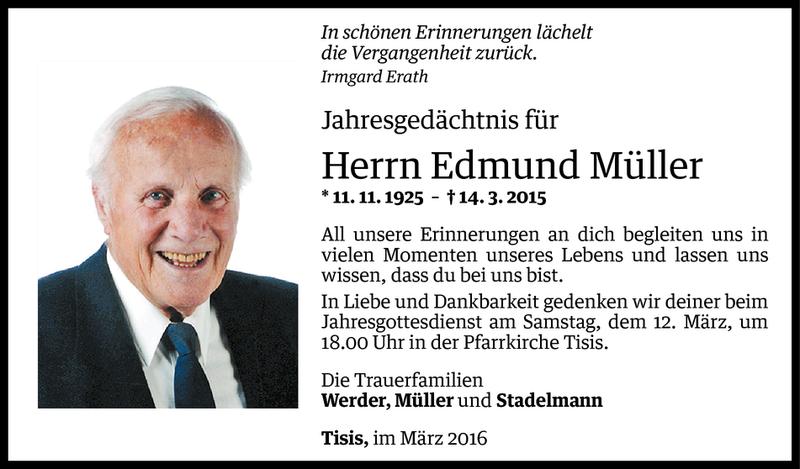  Todesanzeige für Edmund Müller vom 11.03.2016 aus Vorarlberger Nachrichten