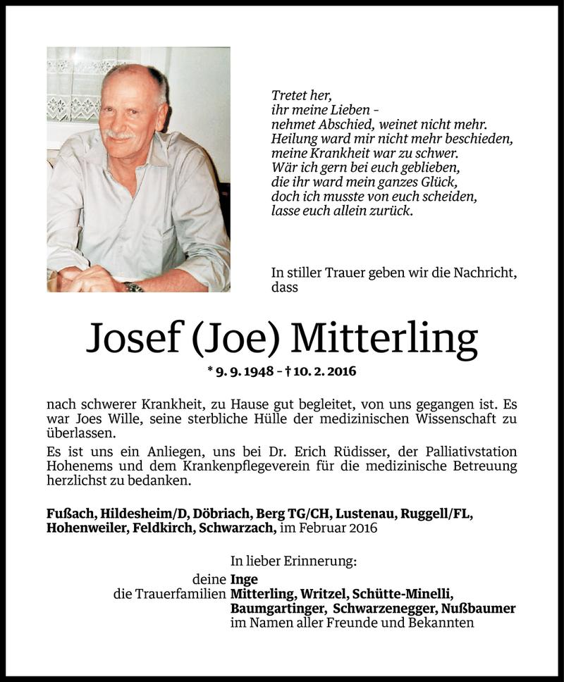  Todesanzeige für Josef Mitterling vom 25.02.2016 aus Vorarlberger Nachrichten