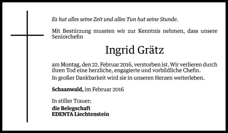  Todesanzeige für Ingrid Grätz vom 24.02.2016 aus Vorarlberger Nachrichten