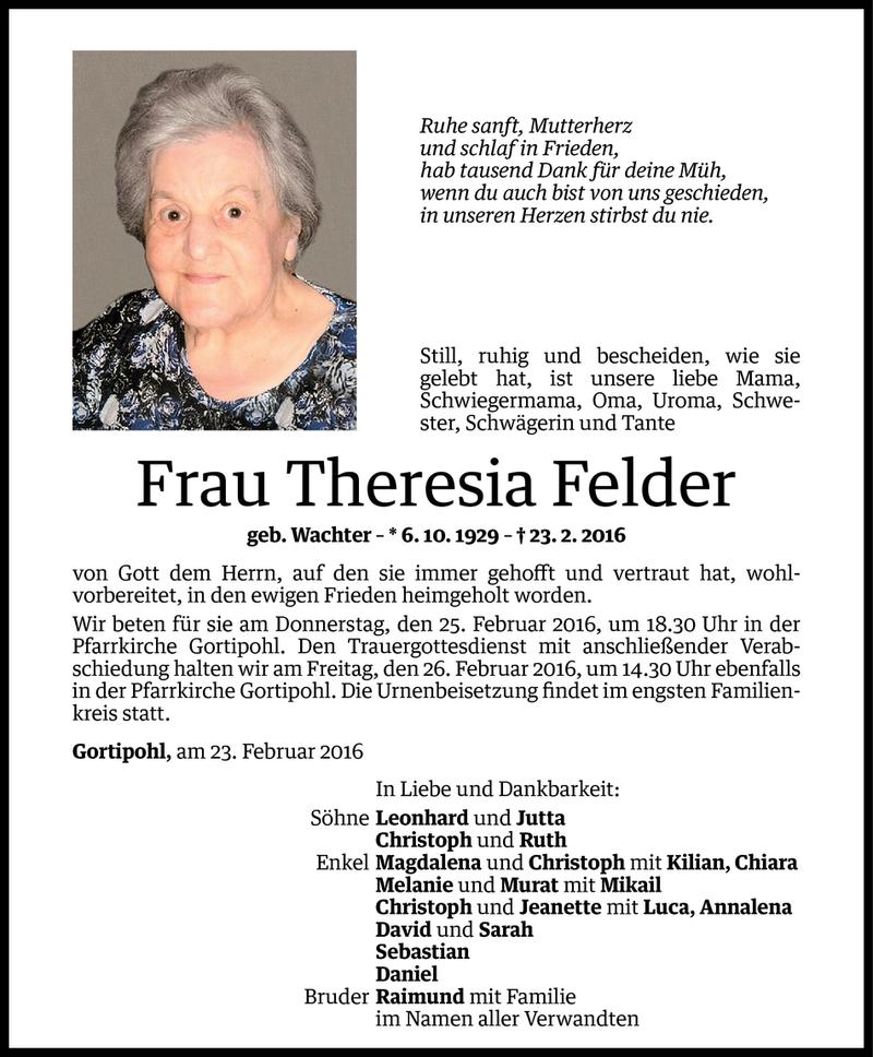  Todesanzeige für Theresia Felder vom 24.02.2016 aus Vorarlberger Nachrichten