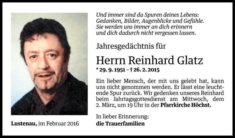  Todesanzeige für Reinhard Glatz vom 25.02.2016 aus Vorarlberger Nachrichten