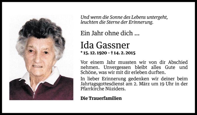  Todesanzeige für Ida Gassner vom 25.02.2016 aus Vorarlberger Nachrichten