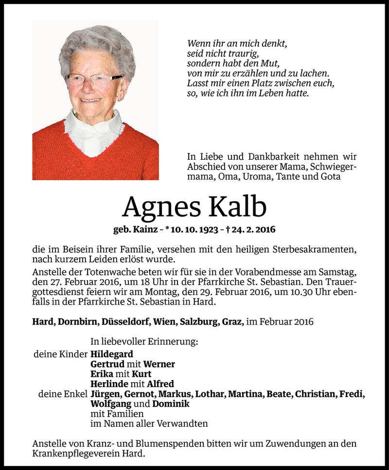  Todesanzeige für Agnes Kalb vom 25.02.2016 aus Vorarlberger Nachrichten