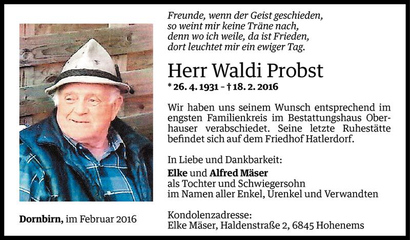  Todesanzeige für Waldemar Probst vom 02.03.2016 aus Vorarlberger Nachrichten