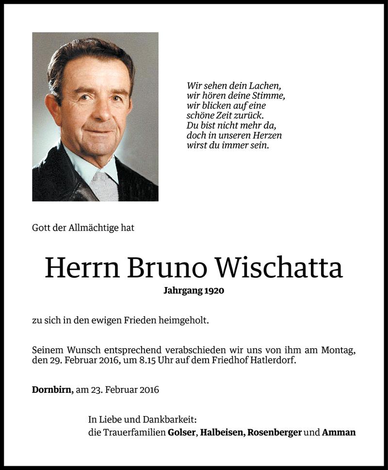  Todesanzeige für Bruno Wischatta vom 27.02.2016 aus Vorarlberger Nachrichten