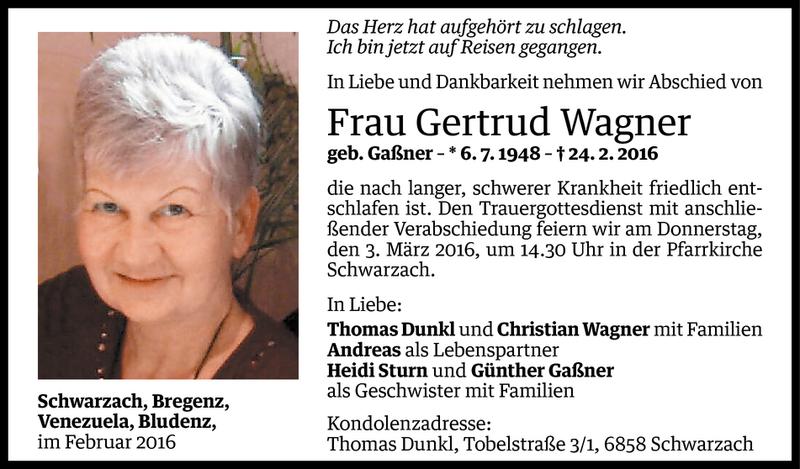  Todesanzeige für Gertrud Wagner vom 26.02.2016 aus Vorarlberger Nachrichten