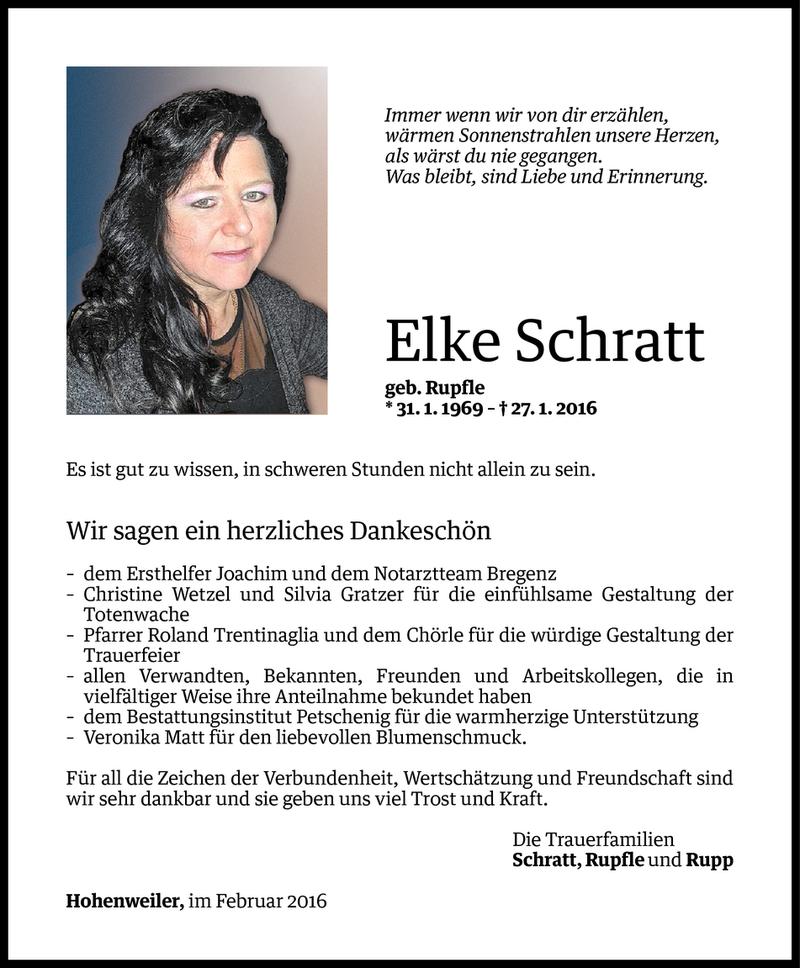  Todesanzeige für Elke Schratt vom 26.02.2016 aus Vorarlberger Nachrichten
