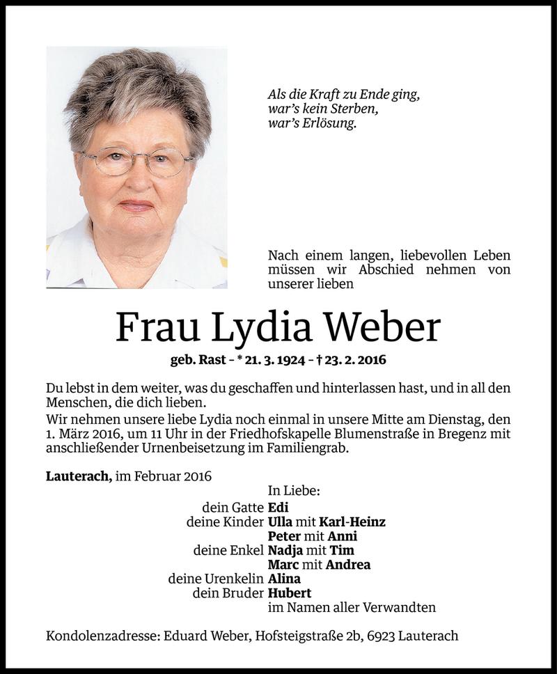  Todesanzeige für Lydia Weber vom 26.02.2016 aus Vorarlberger Nachrichten