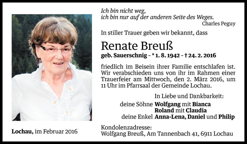  Todesanzeige für Renate Breuß vom 26.02.2016 aus Vorarlberger Nachrichten