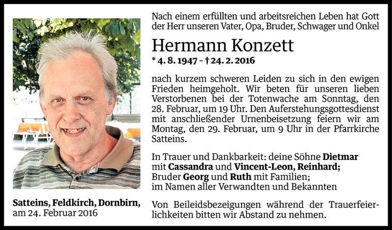  Todesanzeige für Hermann Konzett vom 26.02.2016 aus Vorarlberger Nachrichten