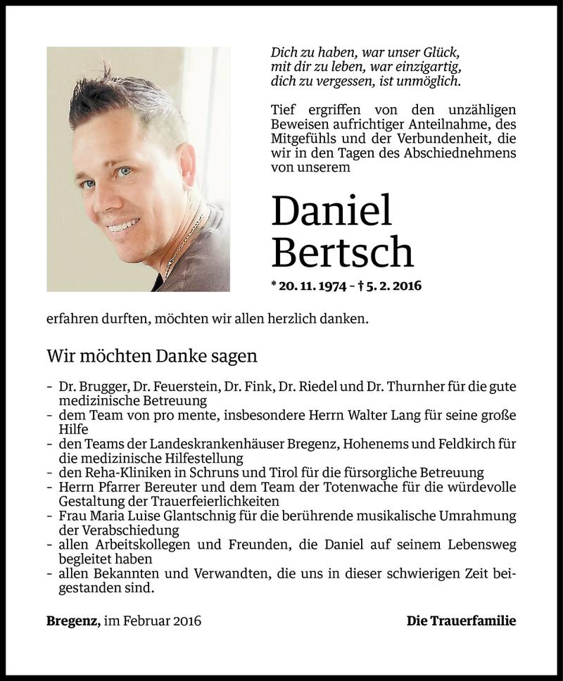  Todesanzeige für Daniel Bertsch vom 27.02.2016 aus Vorarlberger Nachrichten