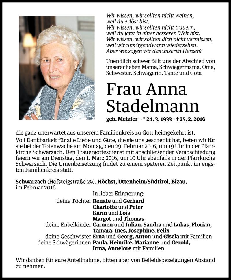  Todesanzeige für Anna Stadelmann vom 26.02.2016 aus Vorarlberger Nachrichten